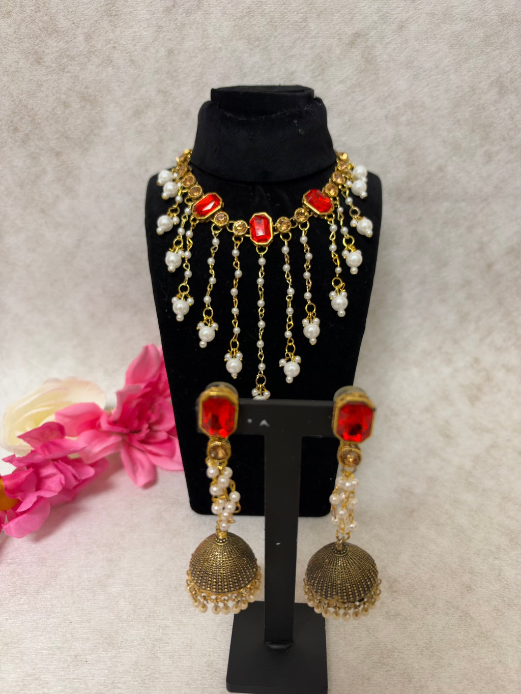 Handmade Red crystal & Pearl Necklace Set