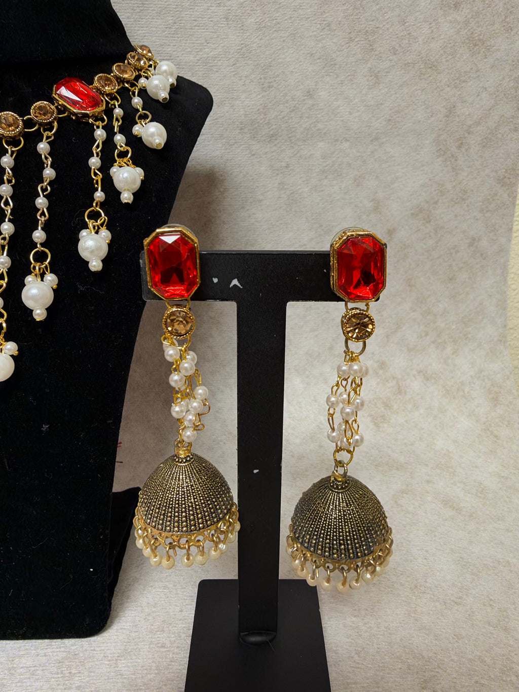 Handmade Red crystal & Pearl Necklace Set