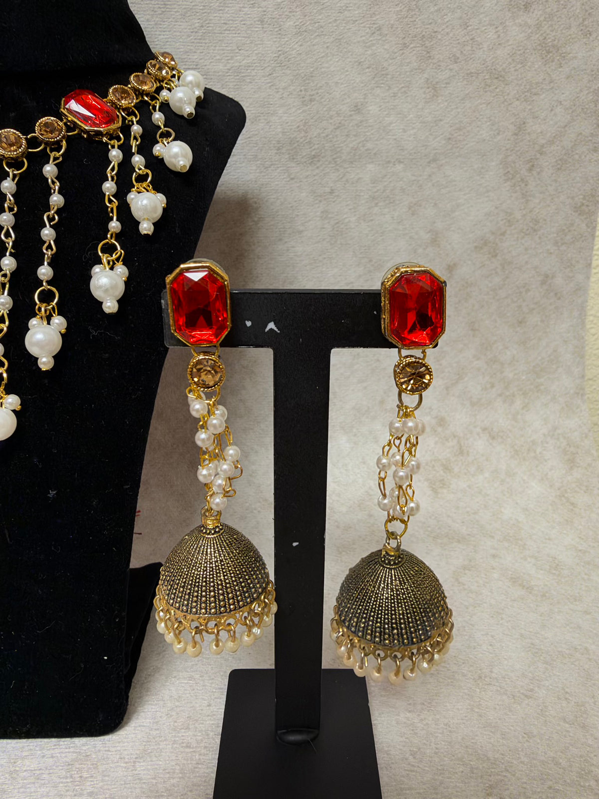 Handmade Red crystal & Pearl Necklace Set
