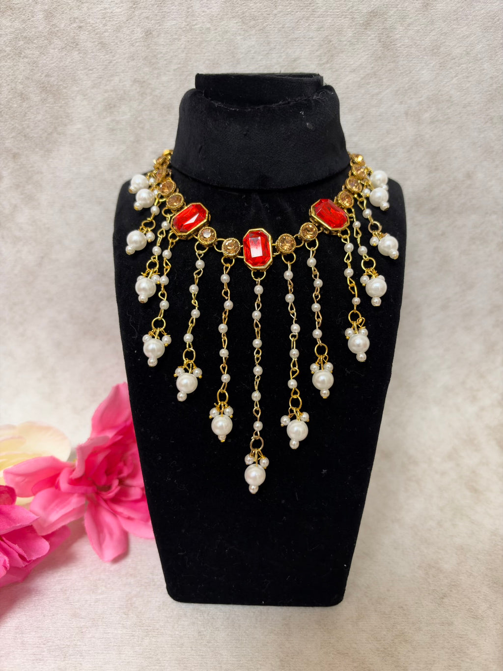 Handmade Red crystal & Pearl Necklace Set