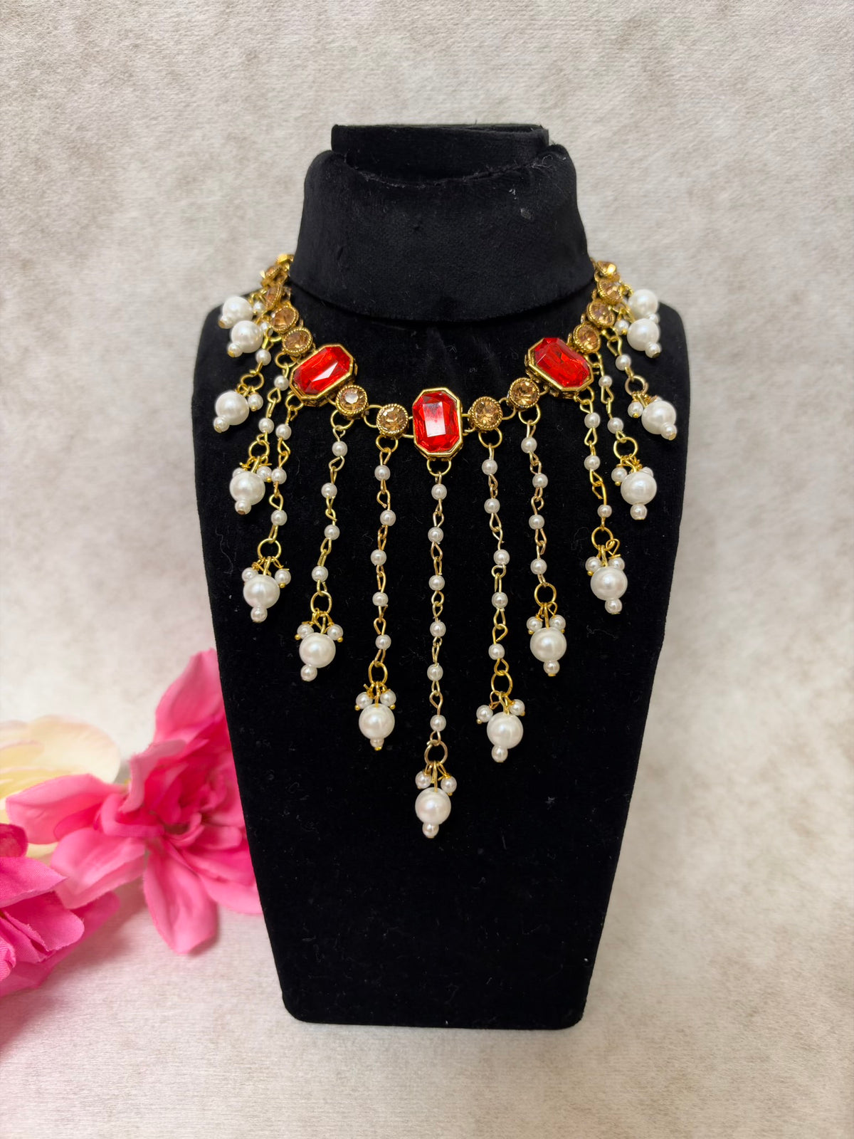 Handmade Red crystal & Pearl Necklace Set